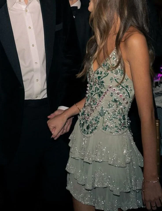 Vintage A line Spaghetti Straps Mint Green Chiffon Sequin Beaded Formal Grade Homecoming Dress Cocktail Dress