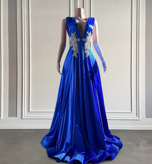 Vintage Royal Blue A-line Women Evening Dresses V Neck Sleeveless Elegant Long Cocktail Party Prom Gowns 2025 Customized