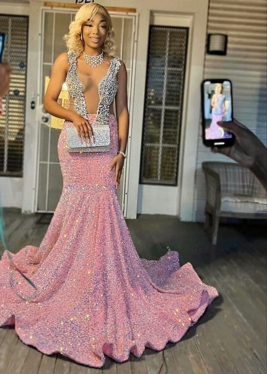 Vestidos de fiesta rosas brillantes, sexy vestido rosa de sirena con lentejuelas para el desfile de graduación, noche y regreso a casa.