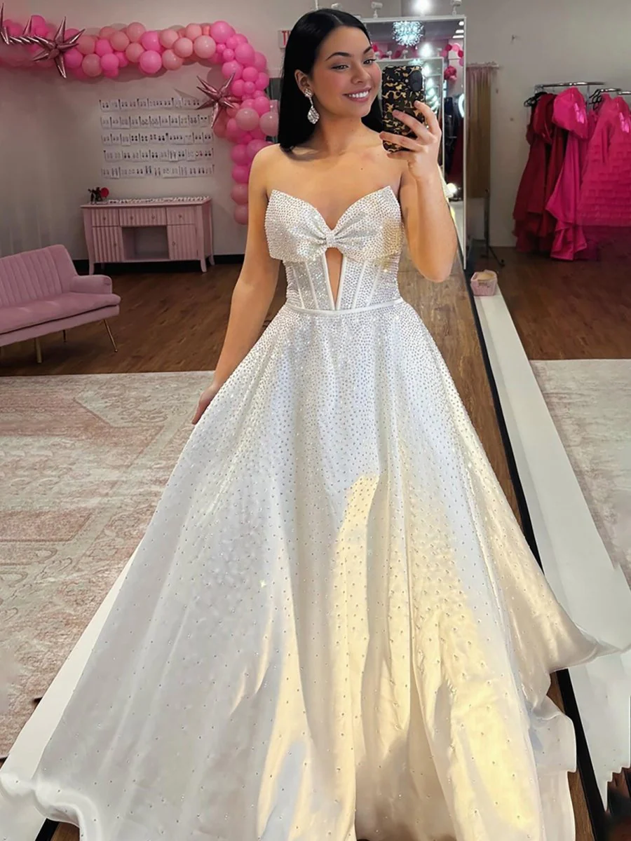 White - Strapless Satin Beaded A Line Long Prom Dresses With Bow
