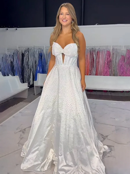 White - Strapless Satin Beaded A Line Long Prom Dresses With Bow