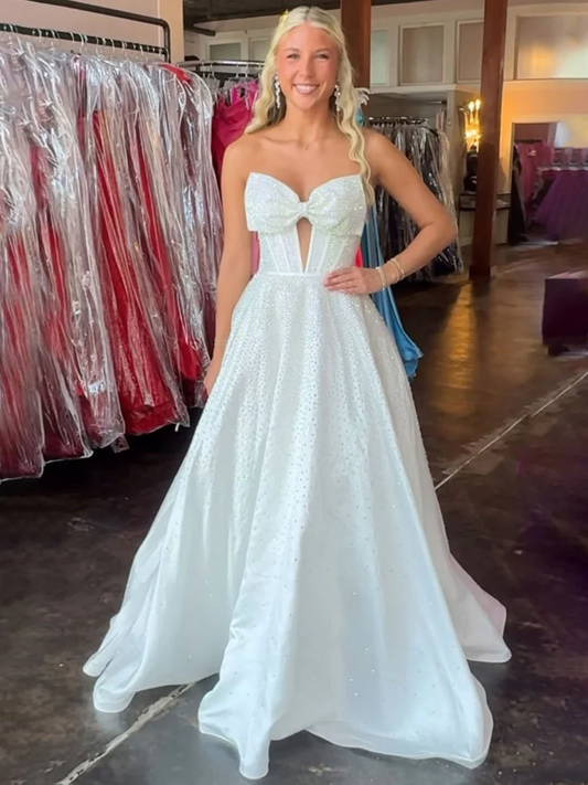 White - Strapless Satin Beaded A Line Long Prom Dresses With Bow