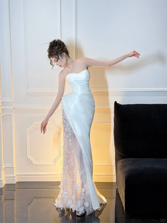 White Mermaid Strapless Floral Pleated Satin Tulle Long Prom Dress Party Dress