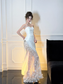 White Mermaid Strapless Floral Pleated Satin Tulle Long Prom Dress Party Dress
