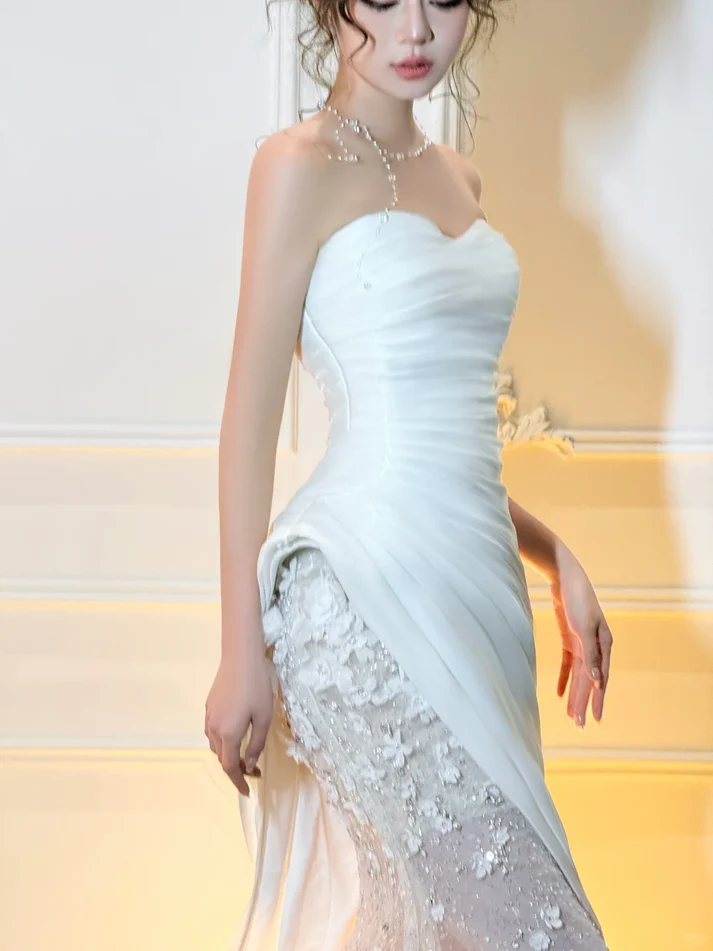 White Mermaid Strapless Floral Pleated Satin Tulle Long Prom Dress Party Dress