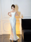White Mermaid Strapless Floral Pleated Satin Tulle Long Prom Dress Party Dress