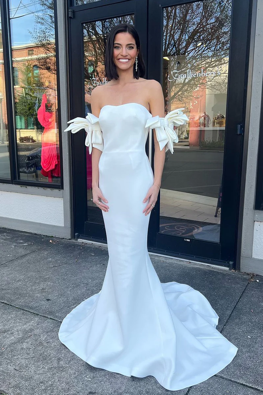 White Sweetheart Mermaid Long Satin Prom Dress with Bow