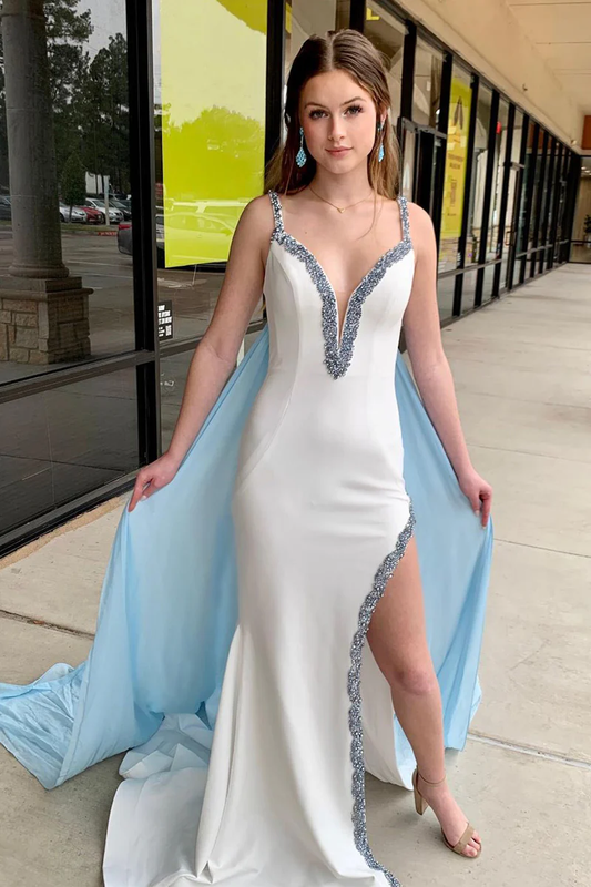 White V Neck Satin Mermaid Long Prom Dresses with Slit