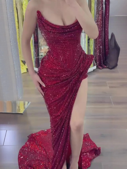 Wine Red Beaded High Slit Draped Mermaid Gown For Women Party Prom 2026 Customized