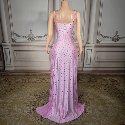 Women Luxury Pink Spaghetti Strap Crystal Drapped Open Leg Bright Long Comfortable Soft Birthday Celebrity Evening Party Gowns