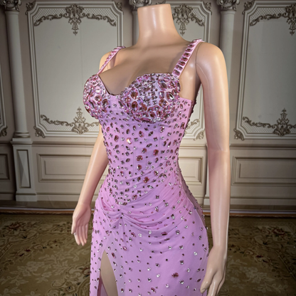 Women Luxury Pink Spaghetti Strap Crystal Drapped Open Leg Bright Long Comfortable Soft Birthday Celebrity Evening Party Gowns