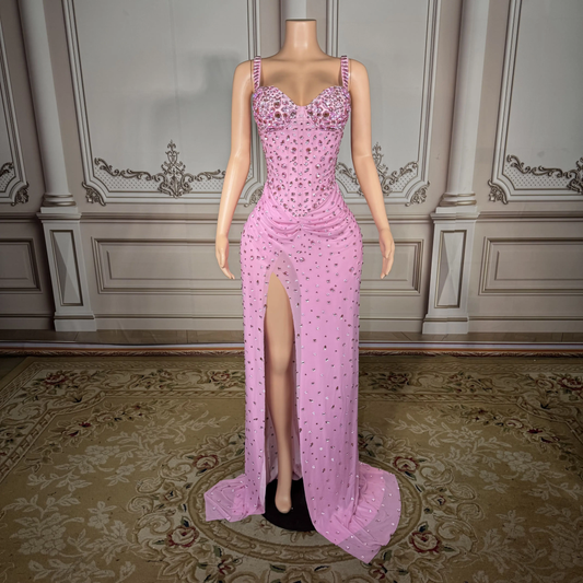 Women Luxury Pink Spaghetti Strap Crystal Drapped Open Leg Bright Long Comfortable Soft Birthday Celebrity Evening Party Gowns