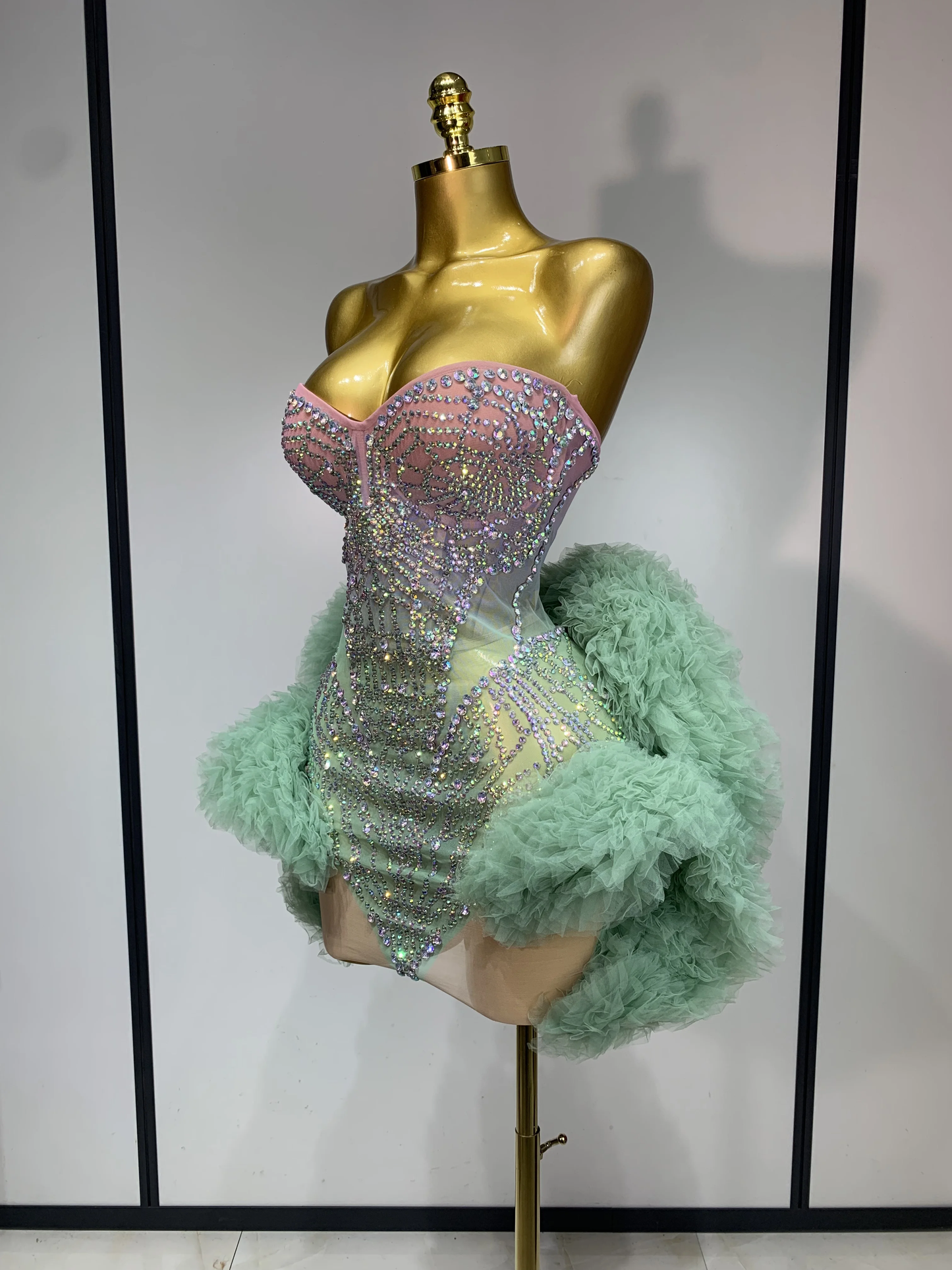 Women Sexy Strapless Backless Green Diamonds Mesh Dress Birthday Party Costume Bar Nightclub Singer Stage Performance Outfit