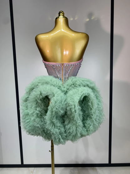 Women Sexy Strapless Backless Green Diamonds Mesh Dress Birthday Party Costume Bar Nightclub Singer Stage Performance Outfit