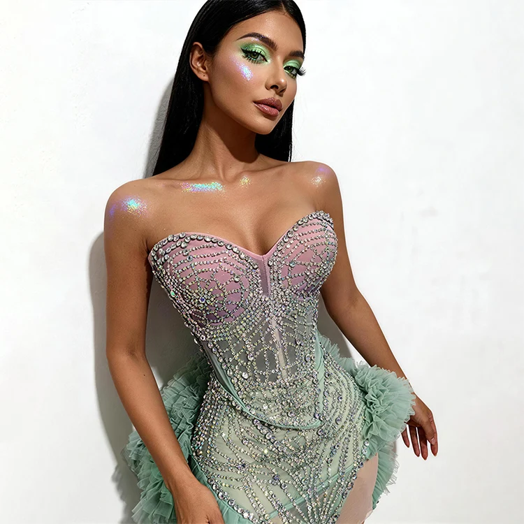 Women Sexy Strapless Backless Green Diamonds Mesh Dress Birthday Party Costume Bar Nightclub Singer Stage Performance Outfit