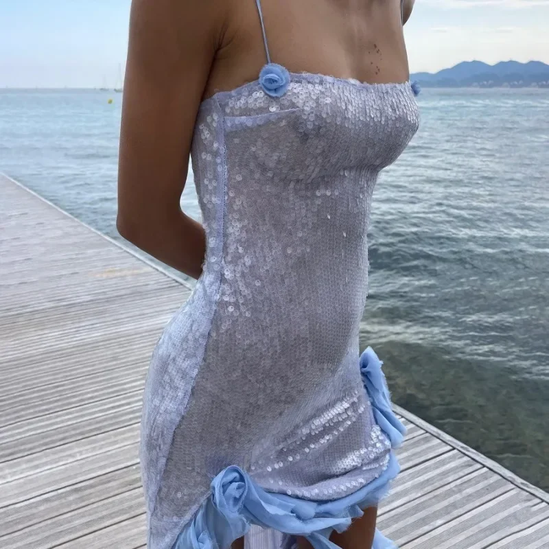 Women Summer Sexy Sequin Wooden Dress Flower Raw Edge Slip Dress Evening Dress