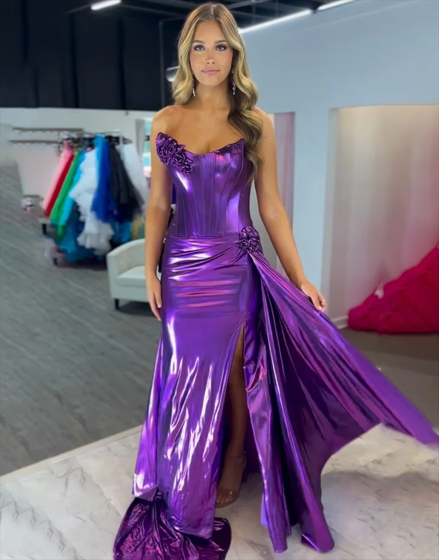 Women's Metallic Satin Long Prom Dress Elegant Plus Size Party Gown Sweetheart Formal Dress Sexy Side Slit