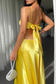 Yellow - Sheath Spaghetti Straps Long Satin Prom Dresses With Cut out