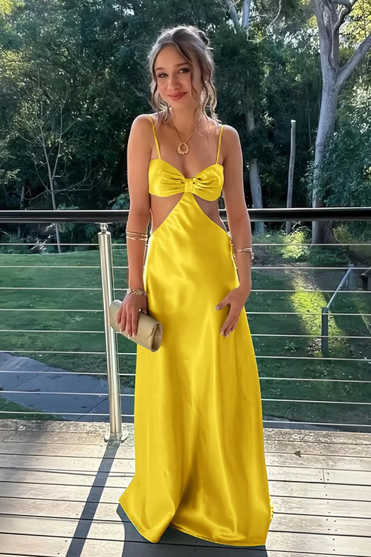 Yellow - Sheath Spaghetti Straps Long Satin Prom Dresses With Cut out