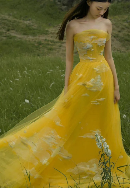 Yellow A Line Strapless White Appliques Tulle Long Prom Dress Party Dress