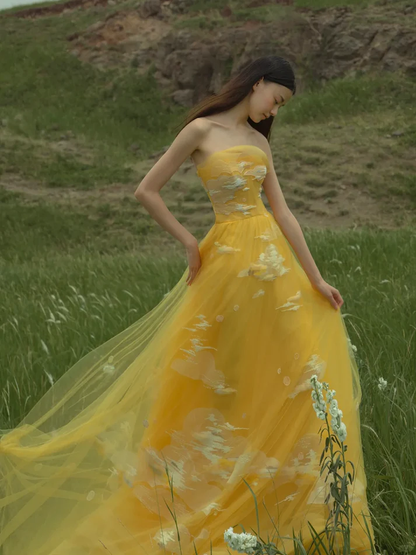Yellow A Line Strapless White Appliques Tulle Long Prom Dress Party Dress