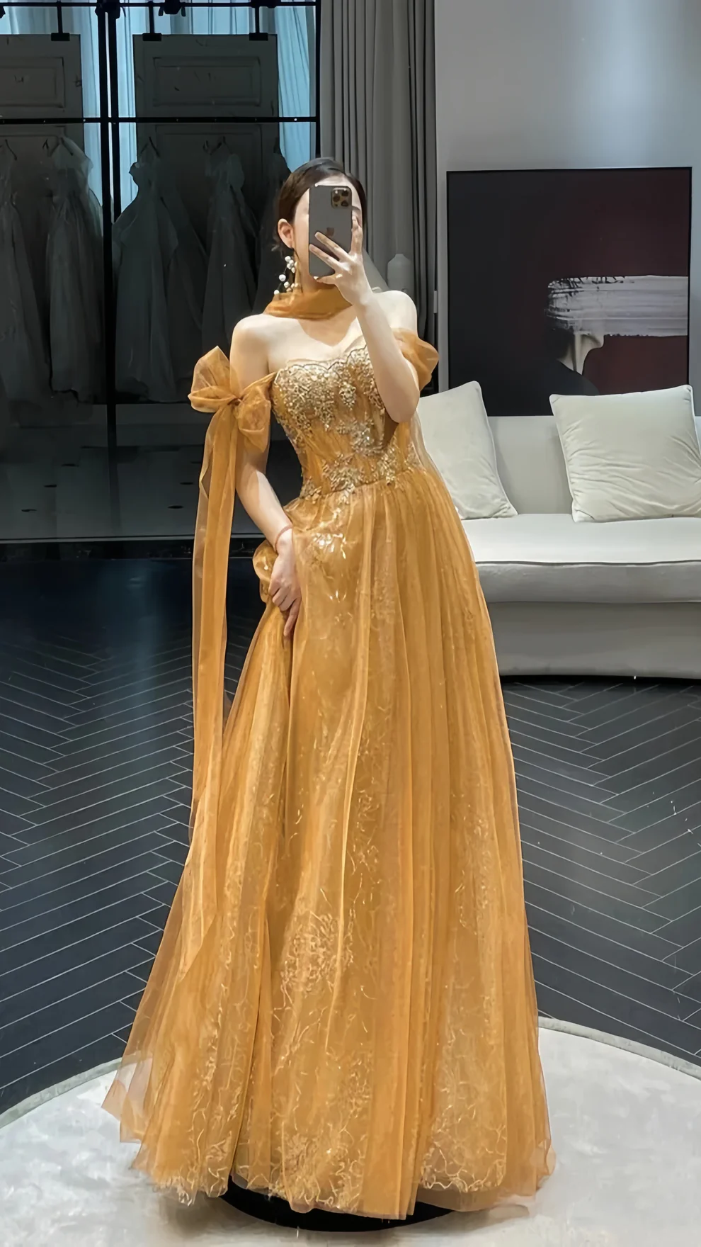 Yellow Lace Prom Dresses Full Length Beaded Evening Party Dress