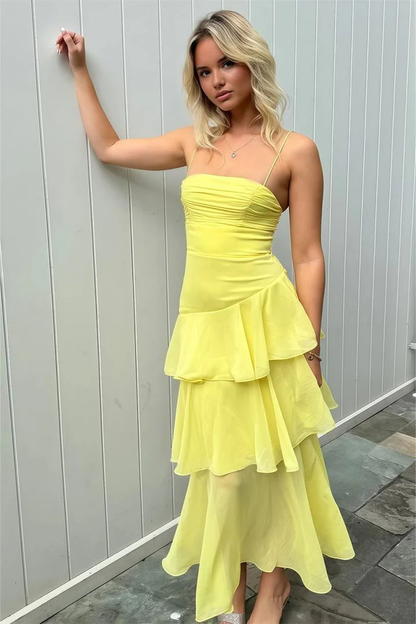 Yellow Spaghetti Straps Layered Sleeveless Long Party Prom Dress