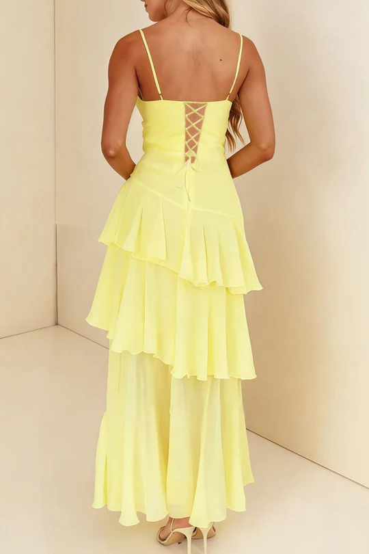 Yellow Spaghetti Straps Layered Sleeveless Long Party Prom Dress