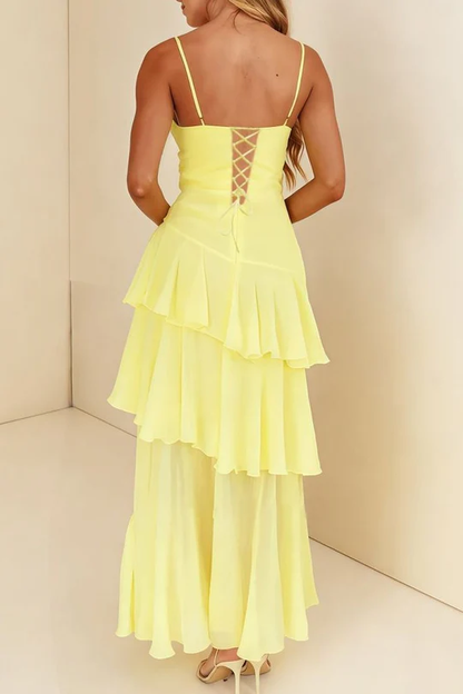 Yellow Spaghetti Straps Layered Sleeveless Long Party Prom Dress