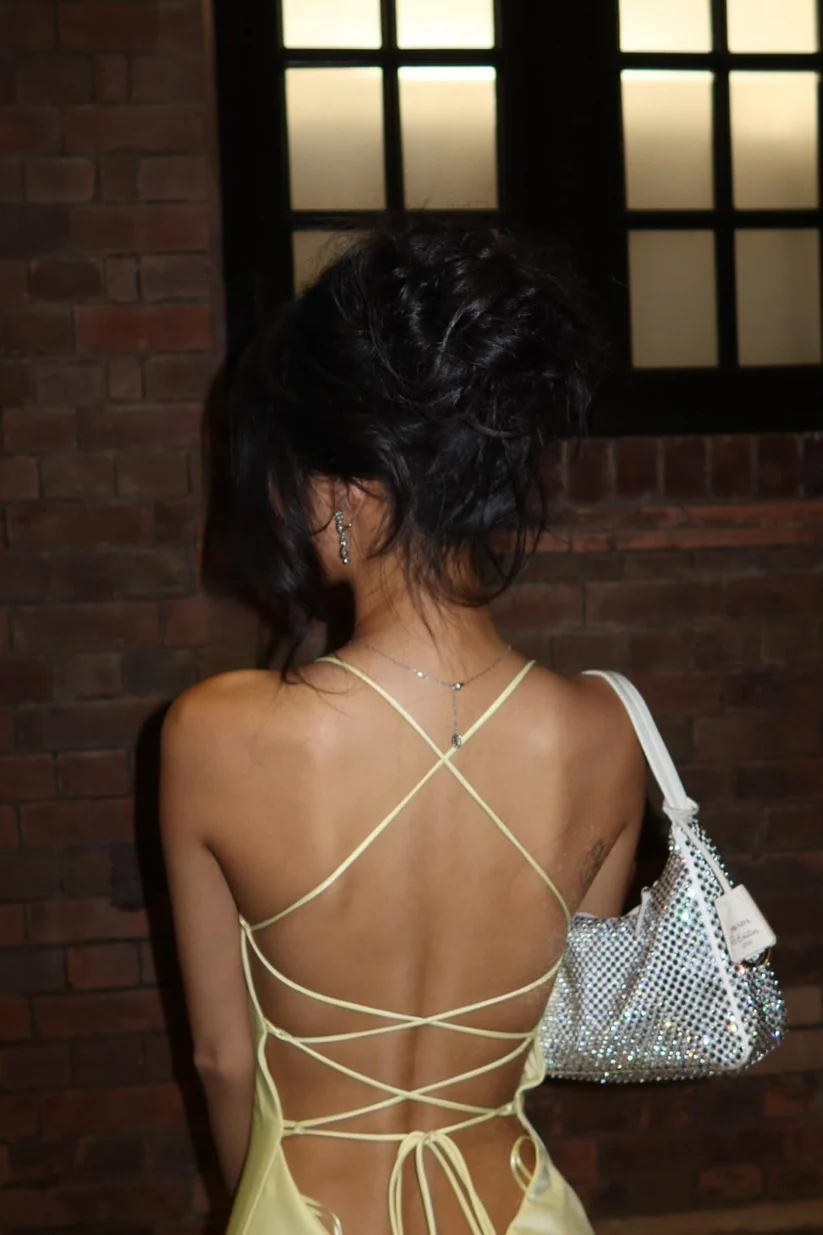 Yellow Spaghetti Straps Long Backless Prom Dress