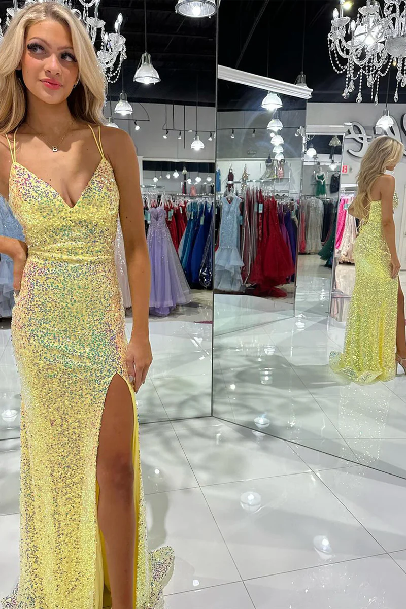 Yellow V Neck Sequins Mermaid Prom Dresses with Slit