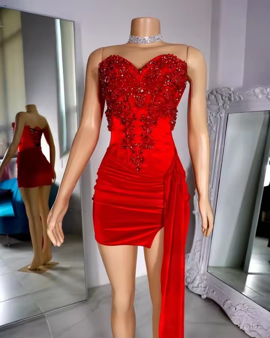 Red Sexy Sweetheart Women African Cocktail Dresses Beaded Birthday Party Gowns Short Black Girl Prom Dresses Homecoming