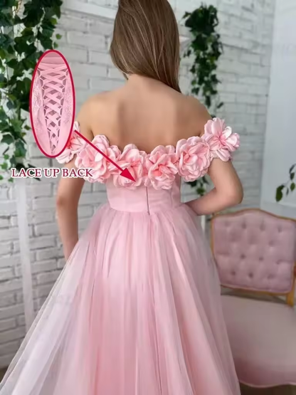 Peach Pink Flowers Off the Shoulder Graduation Dresses Tulle A-line 3D Flower Side Slit Floor-Length Prom Dress Teen's Ball Gown