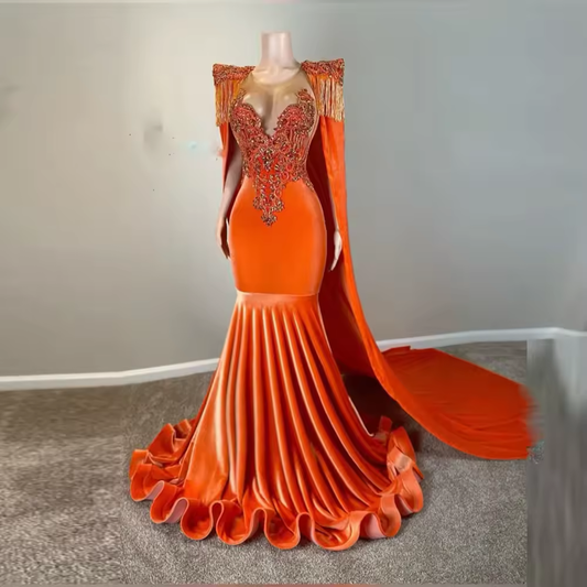 Orange Cape Style Evening Gowns Sheer Neck Lace Appliques Mermaid Prom Dresses Ruffles Women Formal Occasion Party Dress