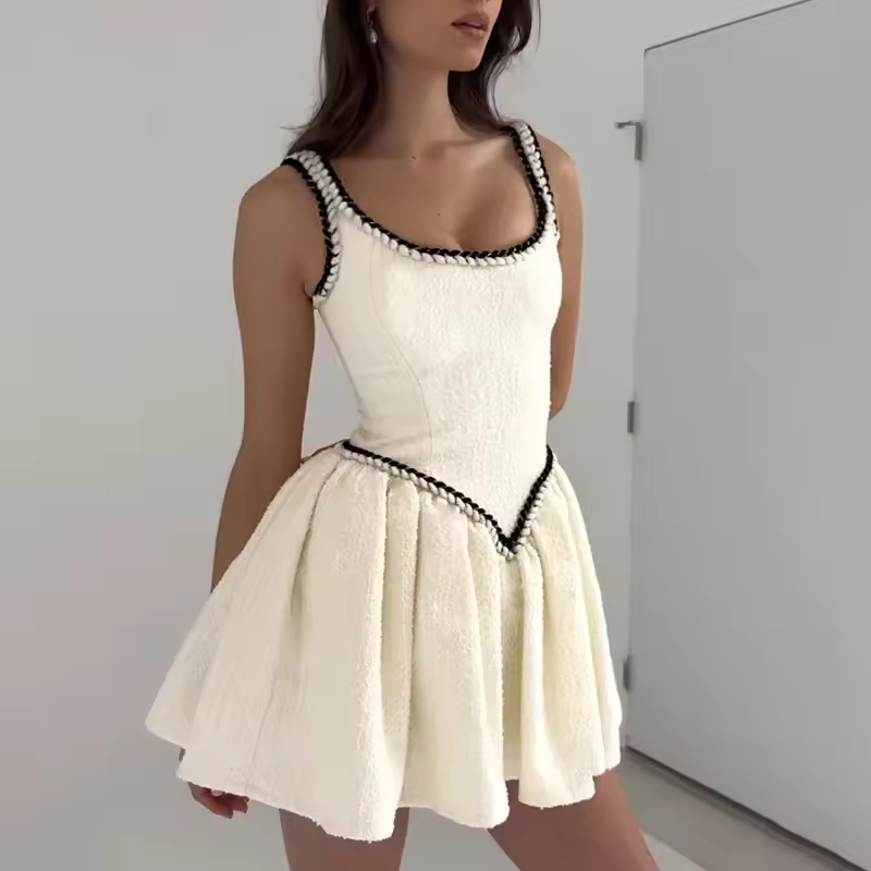Chic Slim Suspender Dress Women's Elegant Contrast Color Splice Sleeveless A-Line Mini Dresses Female Party Club Clothes