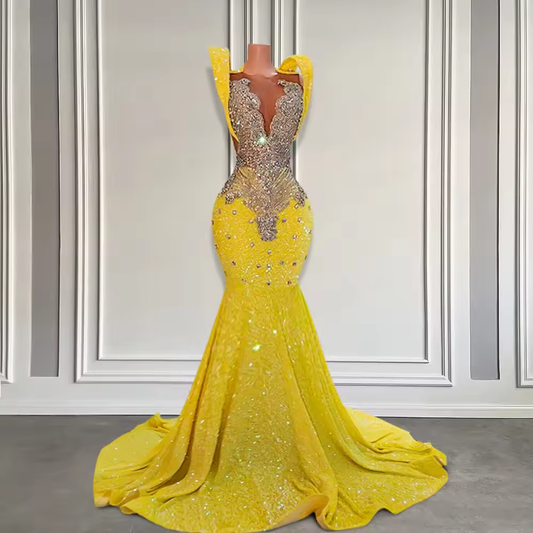Luxurious Yellow Sequin Mermaid Prom Dresses with Rhinestones Mermaid Black Girls Long Sparkly Prom Gowns 2025 Customized