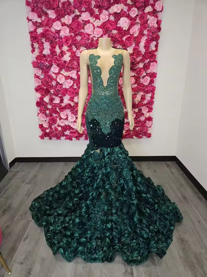 Green African American Prom Dresses Sheer Sequins Floral Beaded Black Girls Nigeria Robe De Soiree Evening Dress Gown Customized