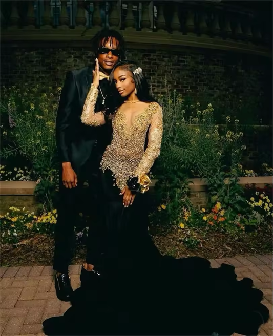 New Gold Diamonds Black Mermaid Prom Dresses For Black Girl Glitter Crystal Beading Evening Gown Robe Customized