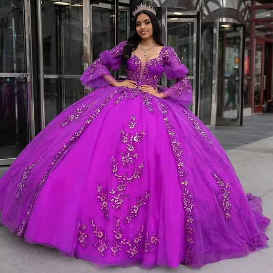 Teens Elegant Purple Sequined Ball Gown With Long Sleeves Customized Red Lace Appliqued Plunging Necke Sweet 15 Masquerade Dress