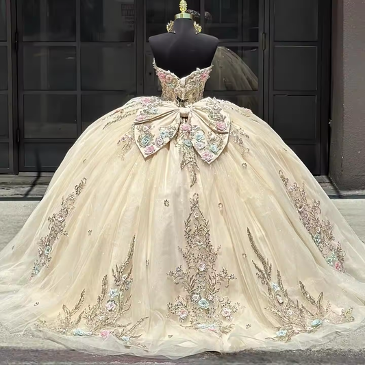 2025 Vestido De 15 Anos Sweet 16 Quinceanera Wedding Party Dreses Champagne with Bow and Corset Gold Embroidery Prom Cheap