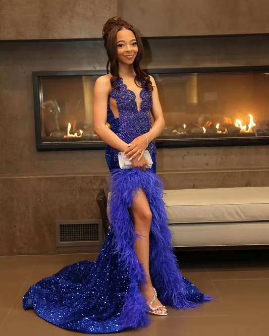 Red O Neck Long Prom Dress For Black Girls Luxury Beaded Crystal Birthday Party Dress Mermaid Slit Feathers Evening Gala Gowns