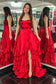 Scoop Neck A Line Lace-Up Ruffle Tiered Red Prom Dress with Slit