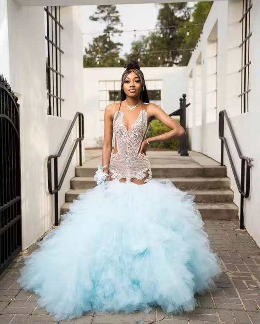 Mint Blue African Mermaid Prom Dress for Women Luxury Crystal Beaded Black Girl Birthday Gown vestidos de gala Prom customsized