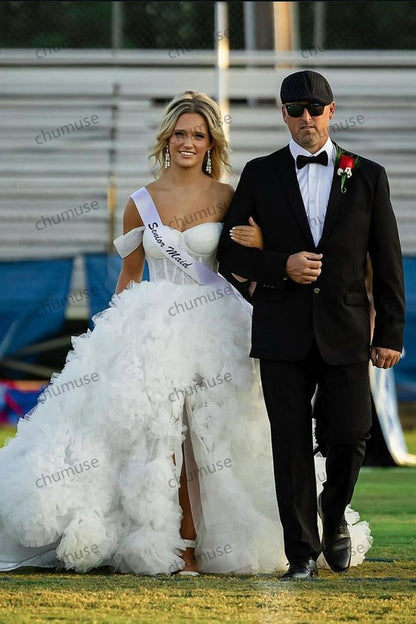 A Line Off the Shoulder Ruffled Tulle Prom Dress with Slit