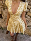 Sexy Deep V Neck Women's Dresses Summer Fashion A-line Dress Female High Waist Pleated Printed Beach Party Dresses