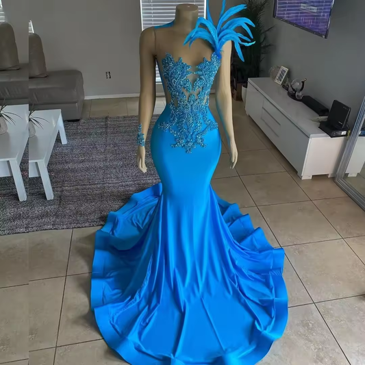 Sky Blue Elegant African American Long Prom Dresses For Black Girls Mermaid Beaded Feather Women Party Evening Gown Customized