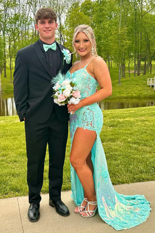 Sequins Spaghetti Straps Appliques Prom Dress with Slit