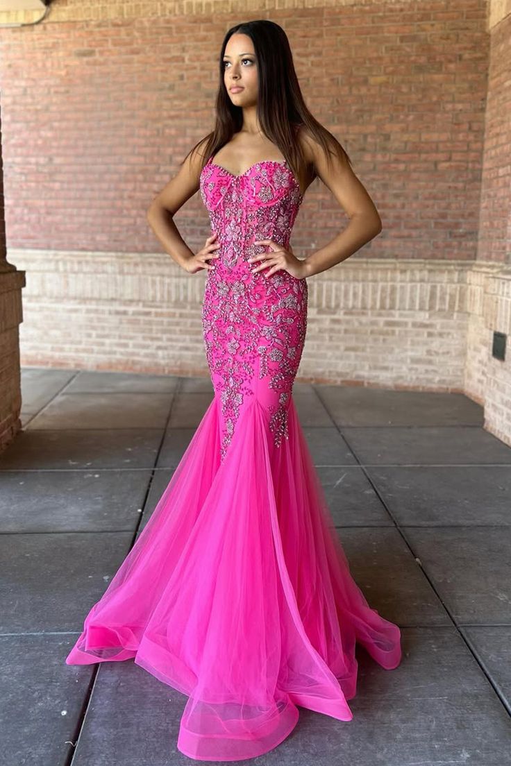 Pink Beaded Spaghetti Strap Trumpet Long Gown