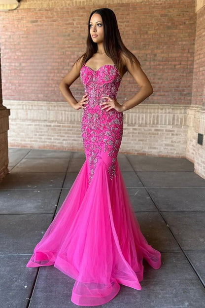 Pink Beaded Spaghetti Strap Trumpet Long Gown