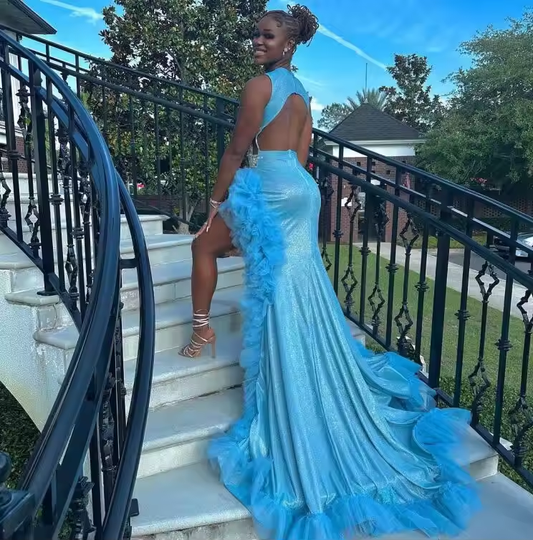 Sky Blue Mermaid Prom Dresses Sexy High Split Ruffles African Women Evening Gowns Girls Formal Occasion Party Dress